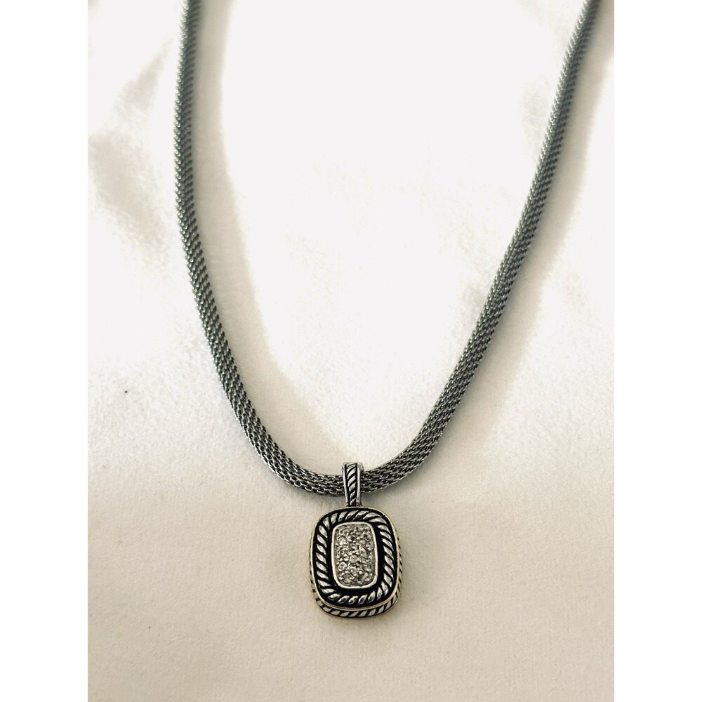 Two Tone Silver Gold Tone Mesh Chain Necklace Faux Druzy Crystal Pendant